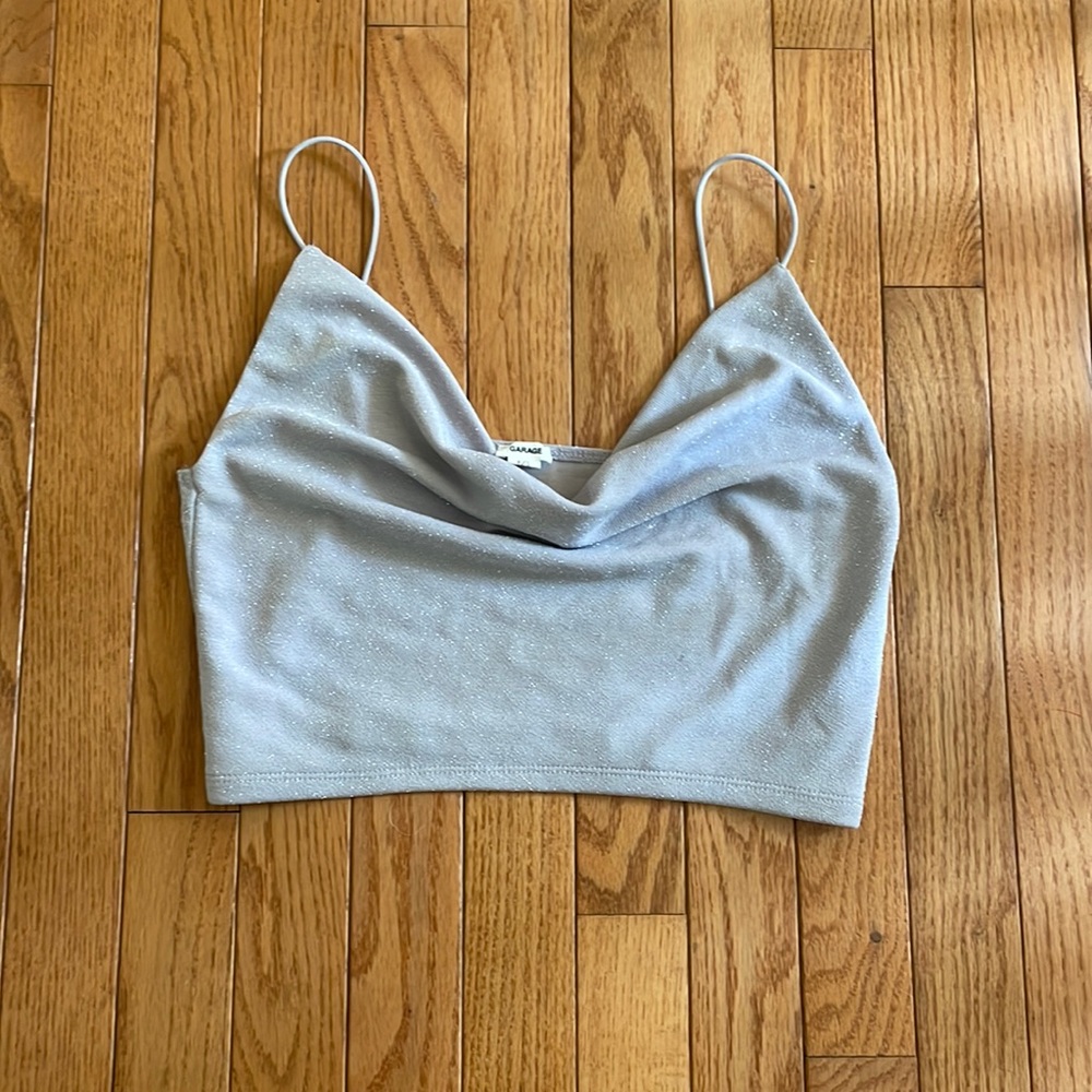 Sparkly lavender cowl neck crop top